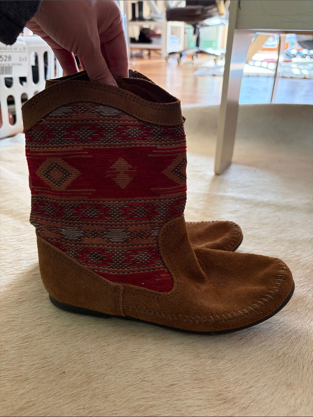 Minnetonka Brown Suede Ankle Booties with Red Aztec Panel